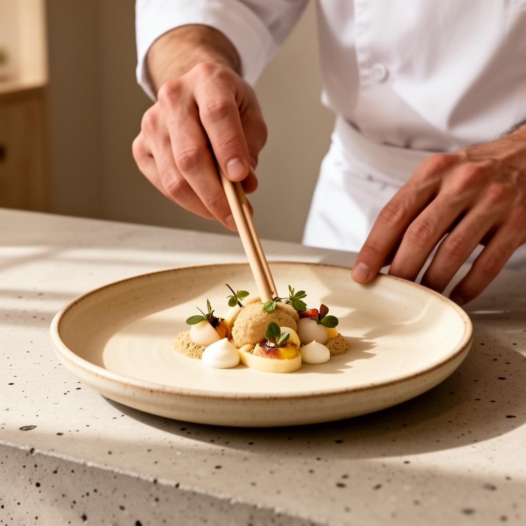 Chef plaçant un dessert minimaliste sur assiette en céramique artisanale