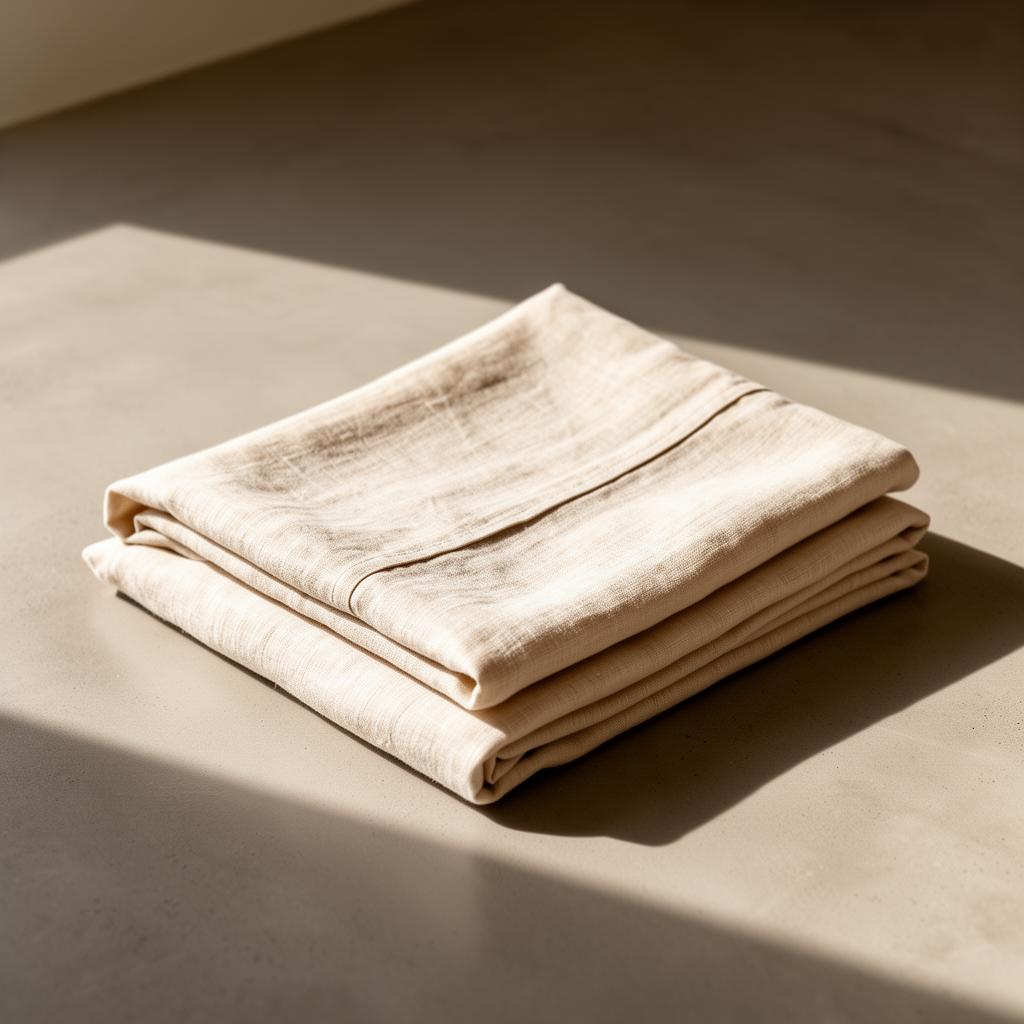 Linge de maison en lin naturel plié sur béton ciré, lumière feutrée